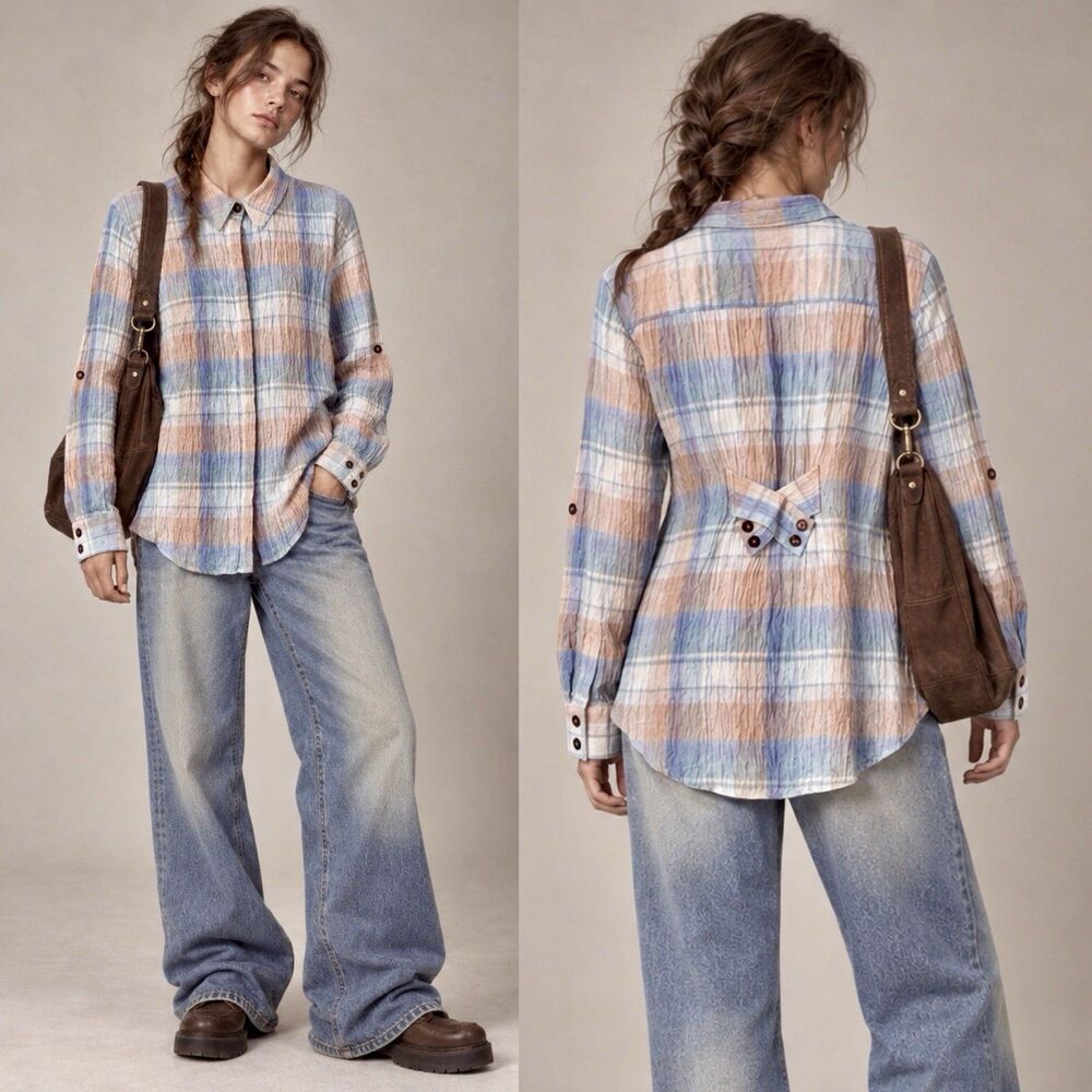 Soft Surroundings 100% Linen Plaid Button Up Shirt L Tunic VTG Fairy Grunge Y2K